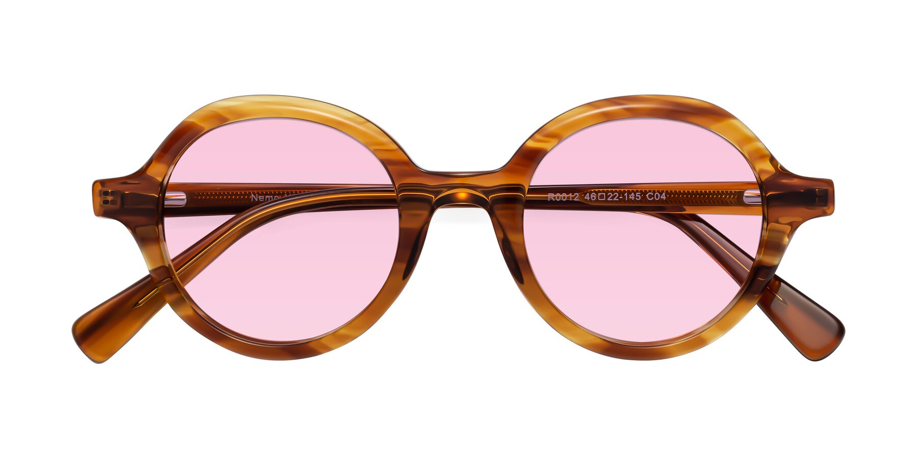 Folded Front of Nemo in Striped Amber with Light Pink Tinted Lenses