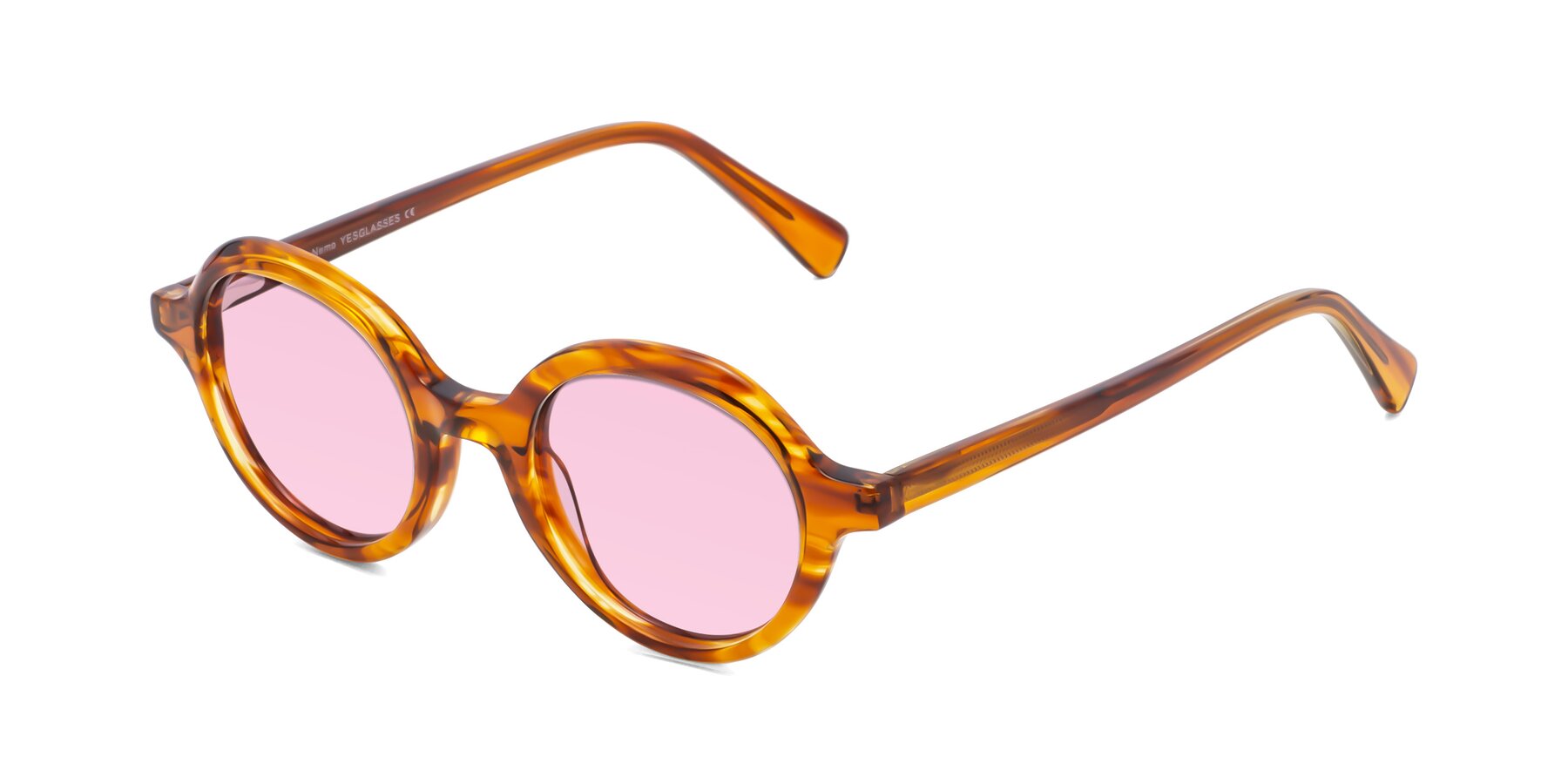 Angle of Nemo in Striped Amber with Light Pink Tinted Lenses