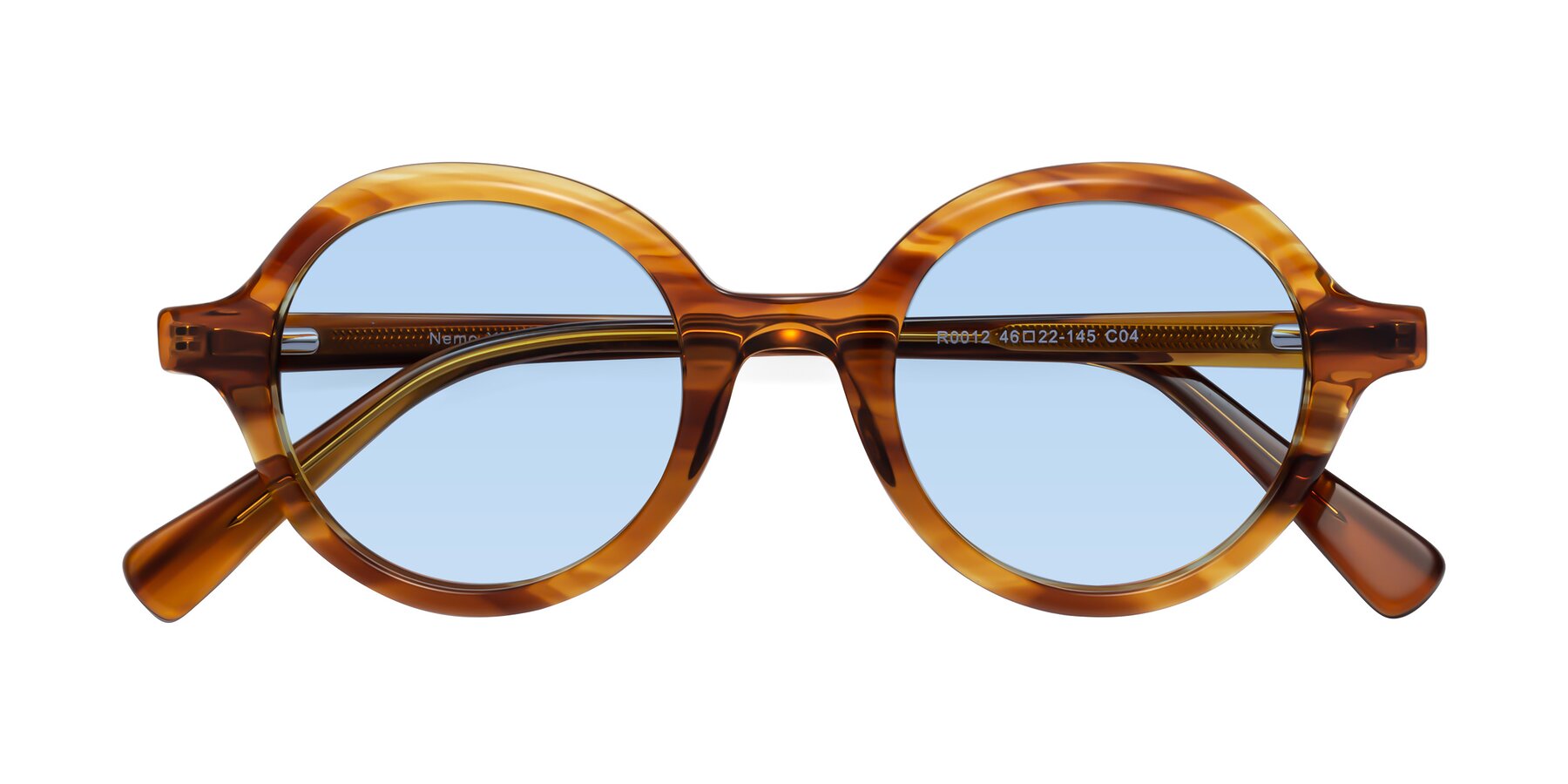 Folded Front of Nemo in Striped Amber with Light Blue Tinted Lenses