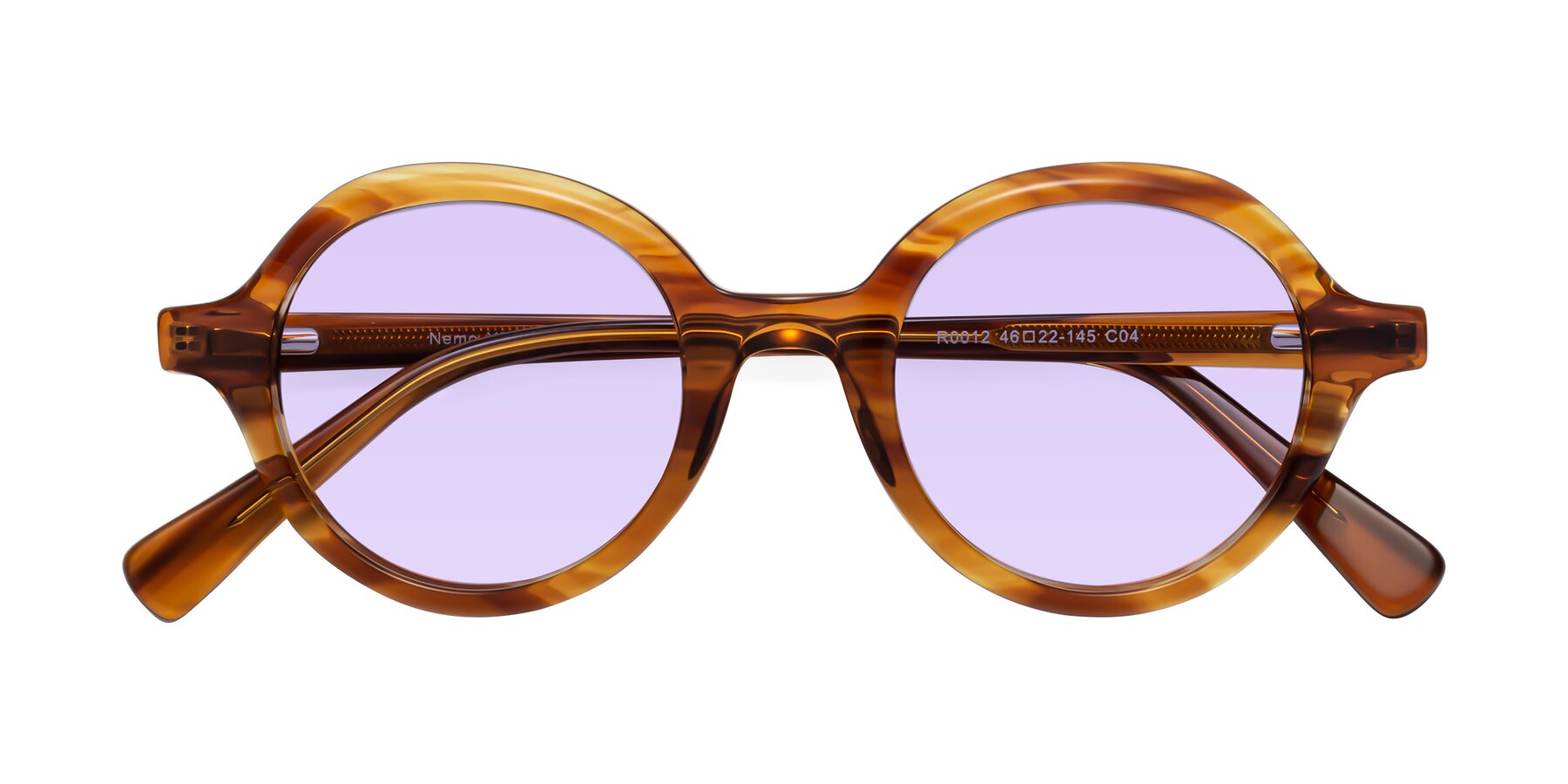 Folded Front of Nemo in Striped Amber with Light Purple Tinted Lenses