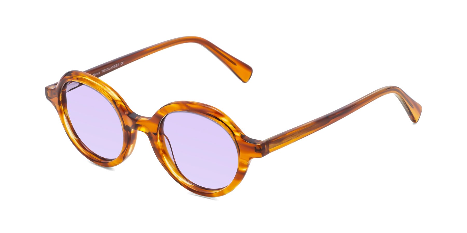 Angle of Nemo in Striped Amber with Light Purple Tinted Lenses