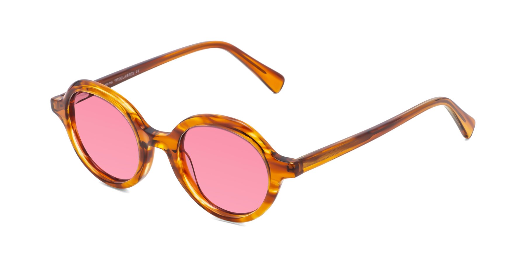 Angle of Nemo in Striped Amber with Pink Tinted Lenses