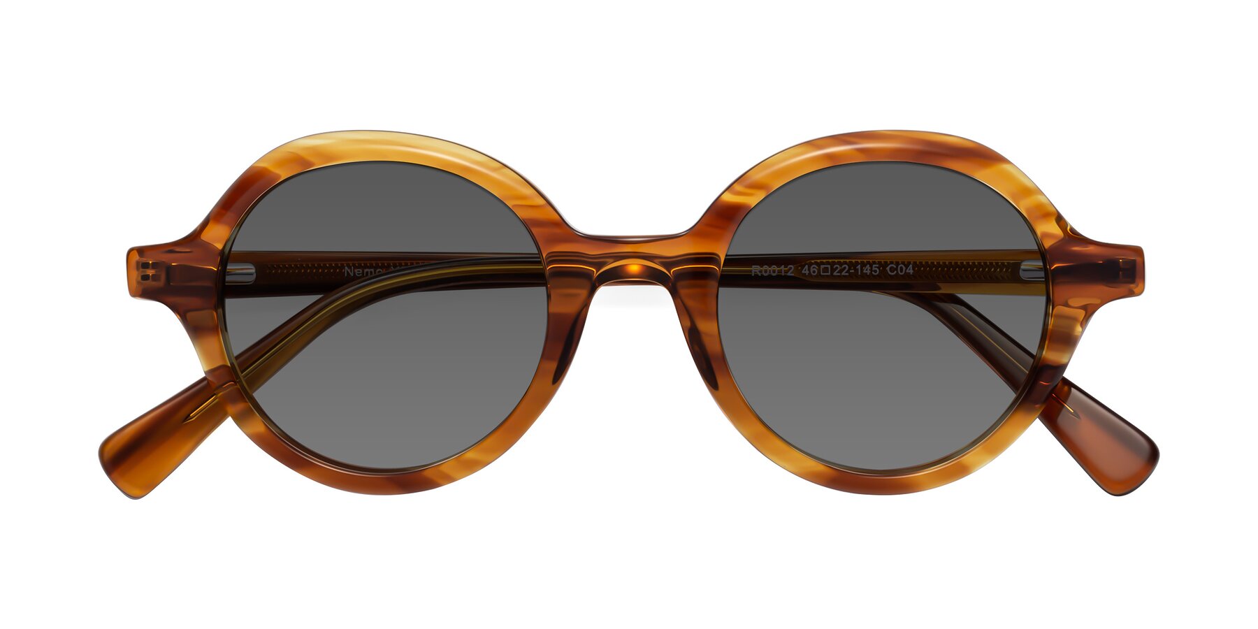 Folded Front of Nemo in Striped Amber with Medium Gray Tinted Lenses