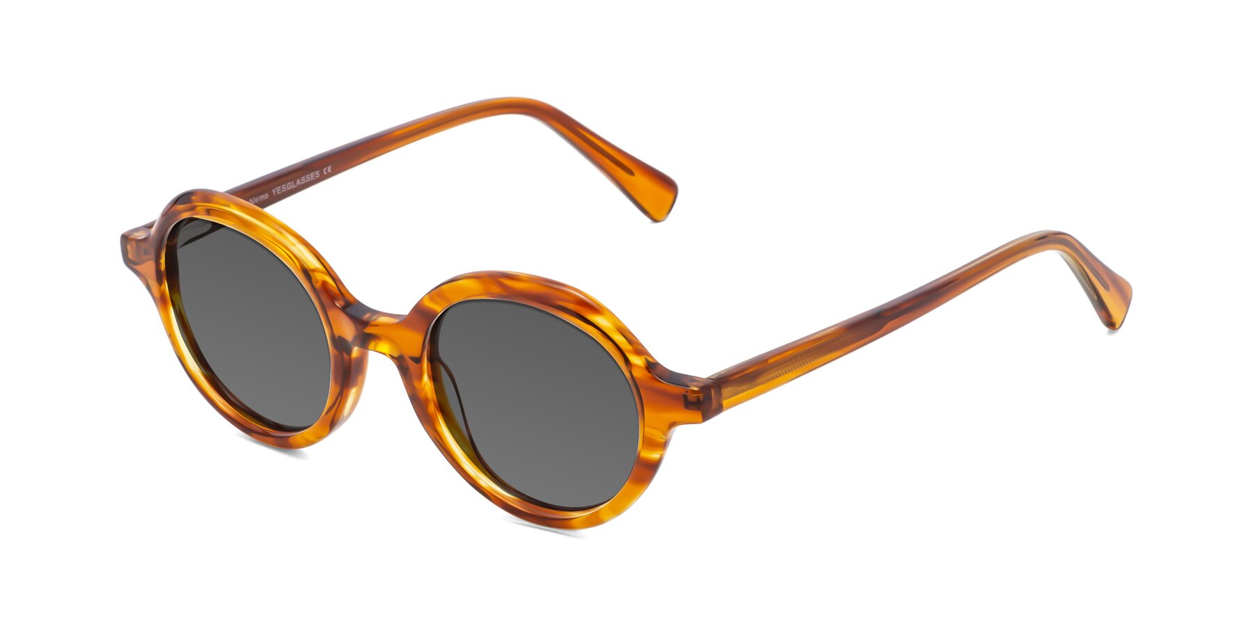 Angle of Nemo in Striped Amber with Medium Gray Tinted Lenses