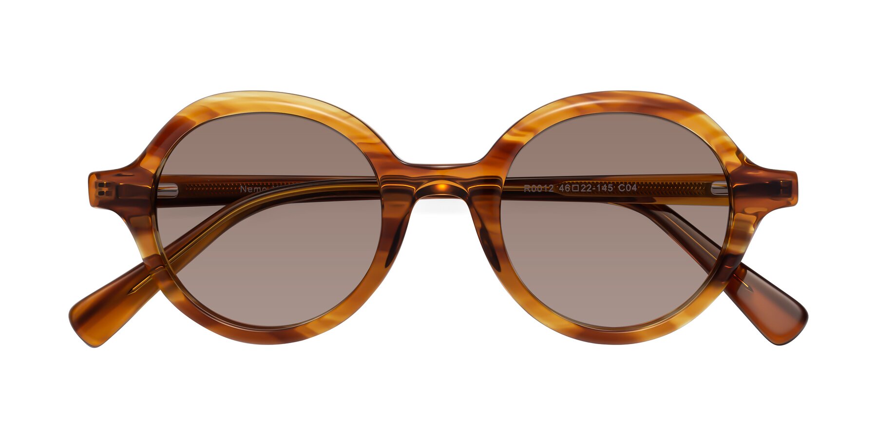 Folded Front of Nemo in Striped Amber with Medium Brown Tinted Lenses