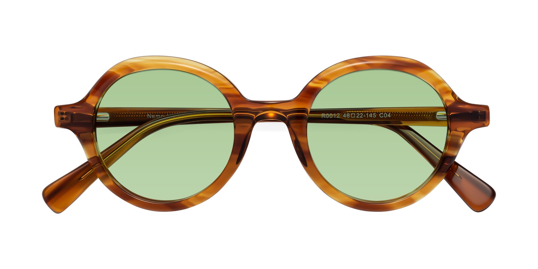 Folded Front of Nemo in Striped Amber with Medium Green Tinted Lenses
