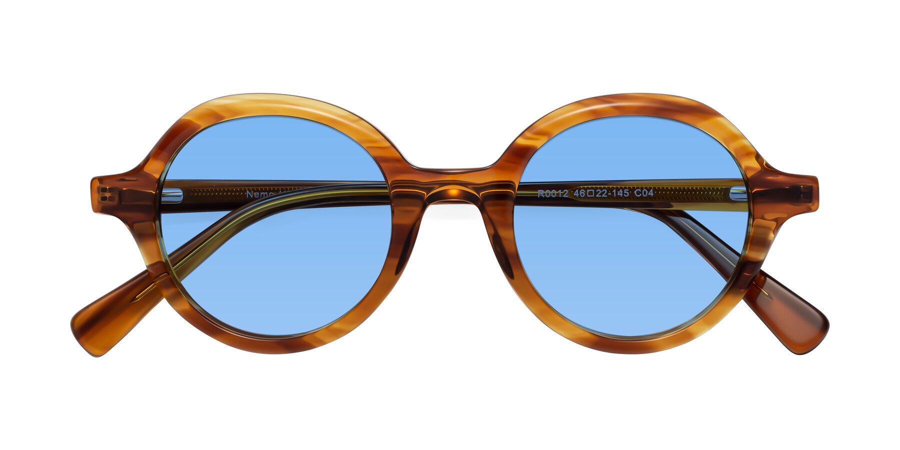 Folded Front of Nemo in Striped Amber with Medium Blue Tinted Lenses