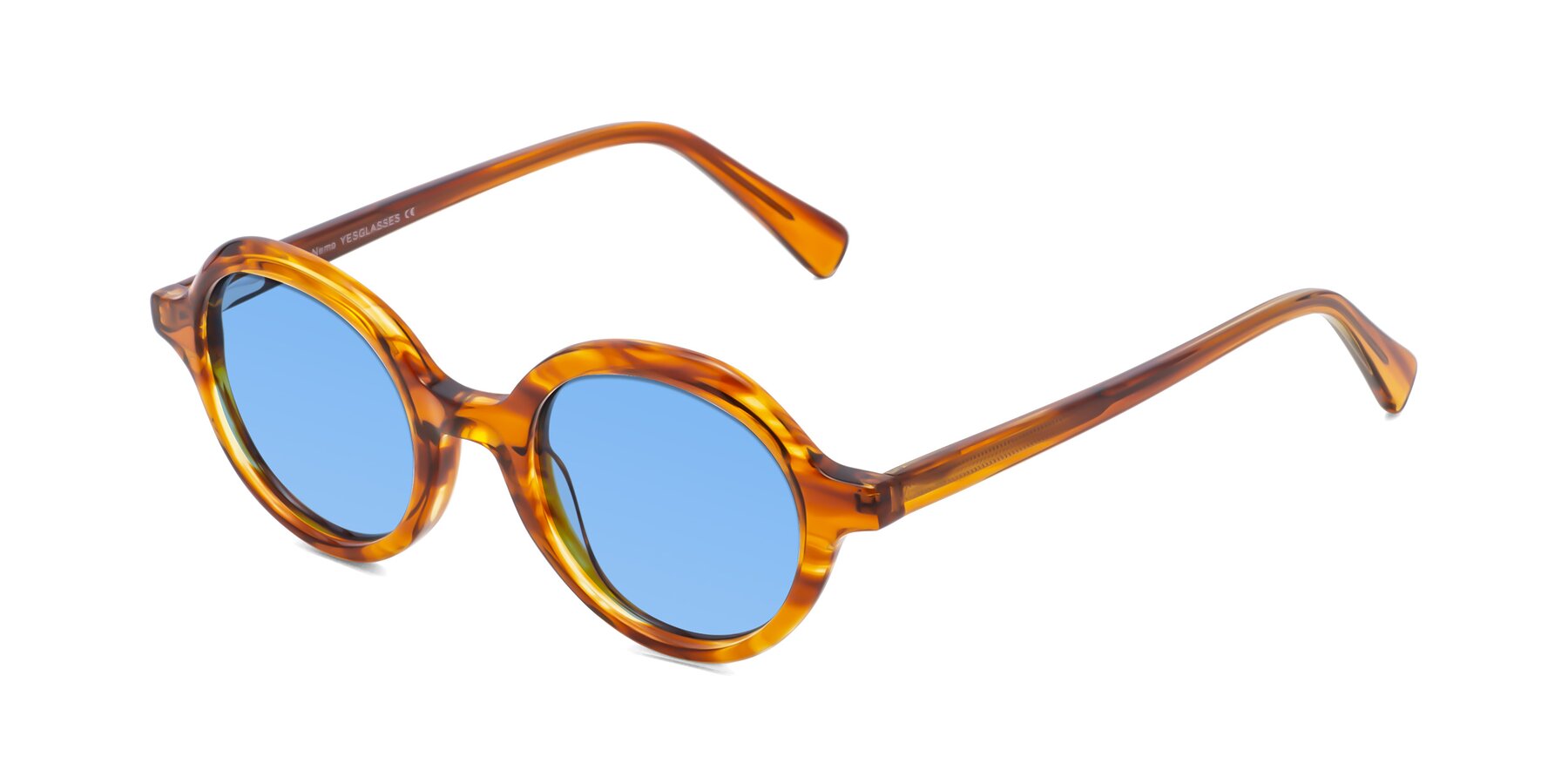 Angle of Nemo in Striped Amber with Medium Blue Tinted Lenses