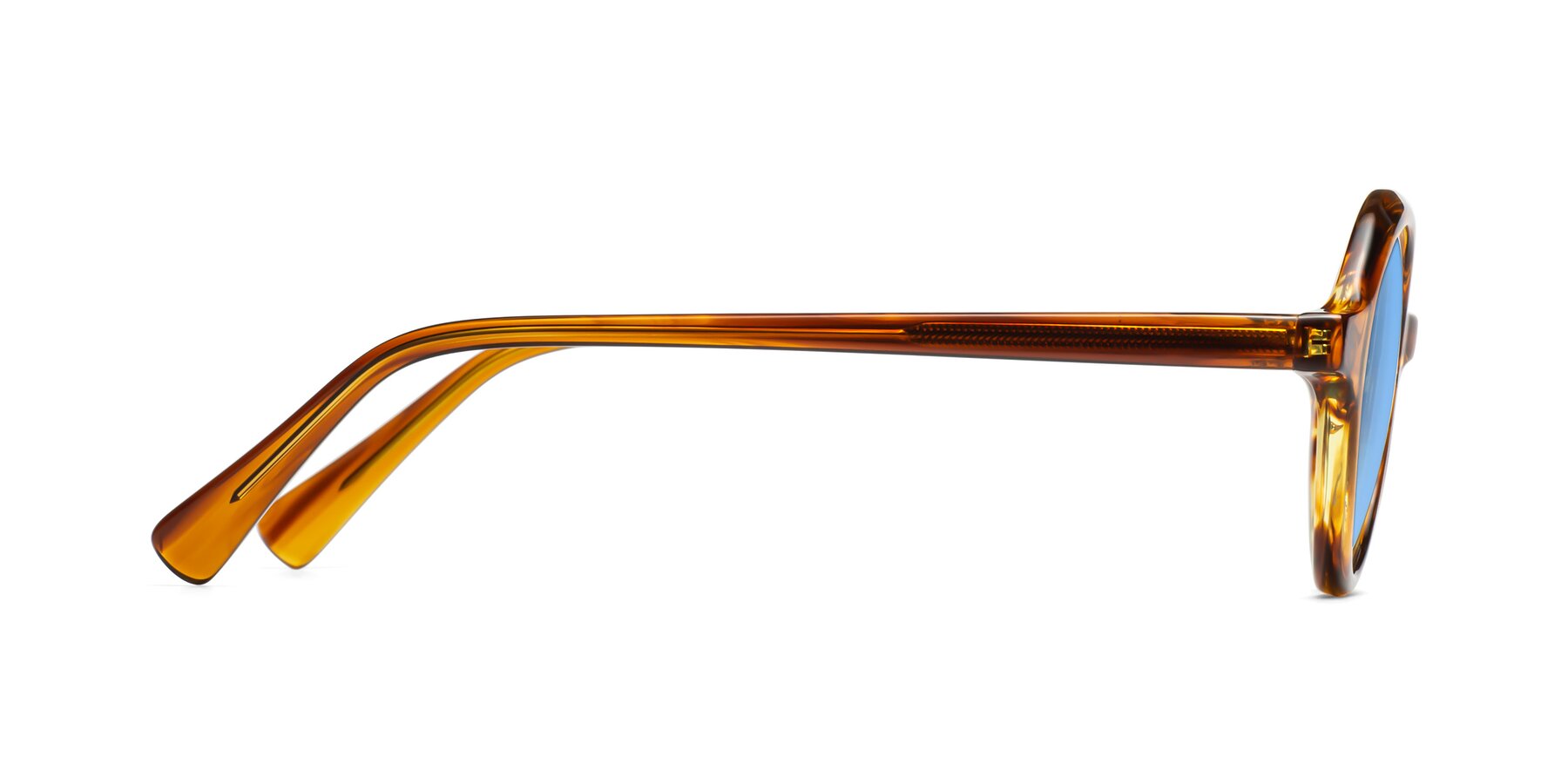 Side of Nemo in Striped Amber with Medium Blue Tinted Lenses