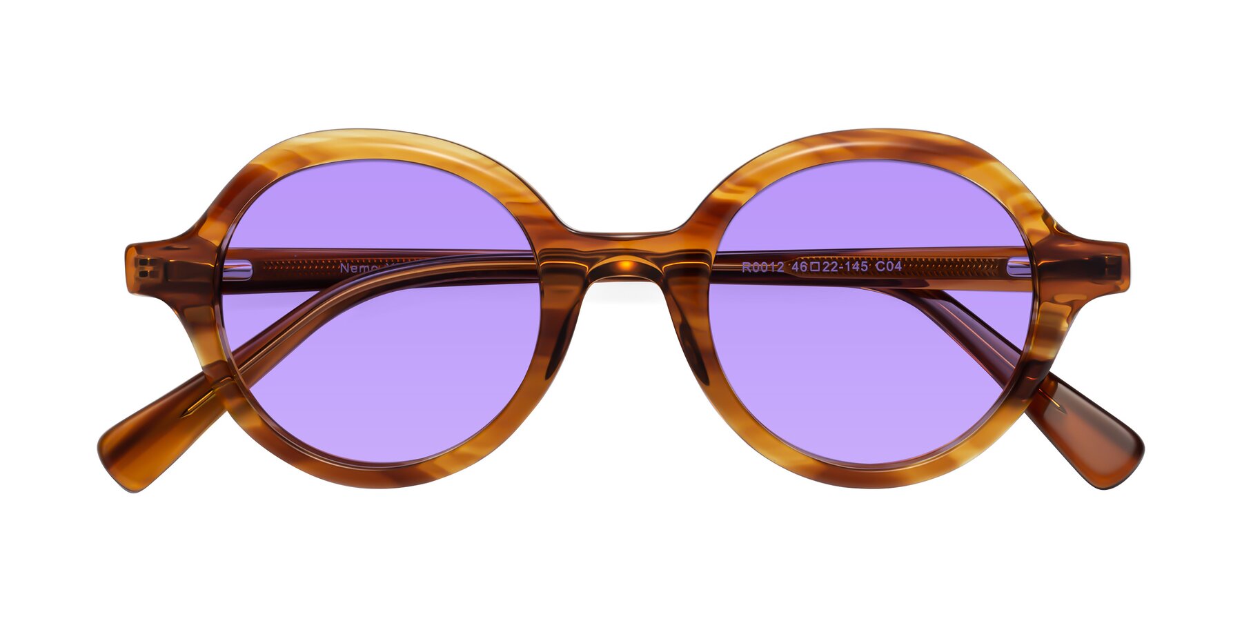 Folded Front of Nemo in Striped Amber with Medium Purple Tinted Lenses
