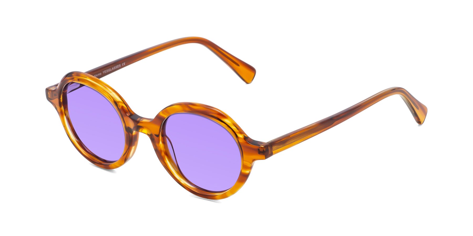 Angle of Nemo in Striped Amber with Medium Purple Tinted Lenses