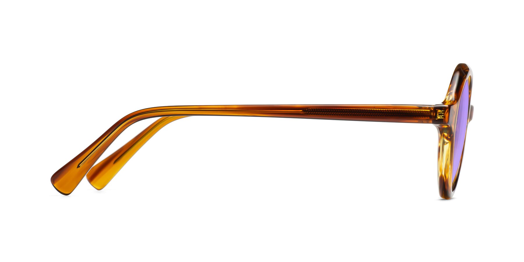Side of Nemo in Striped Amber with Medium Purple Tinted Lenses