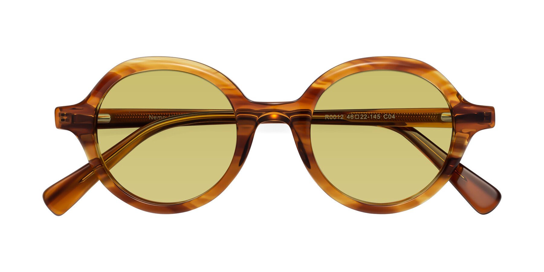 Folded Front of Nemo in Striped Amber with Medium Champagne Tinted Lenses