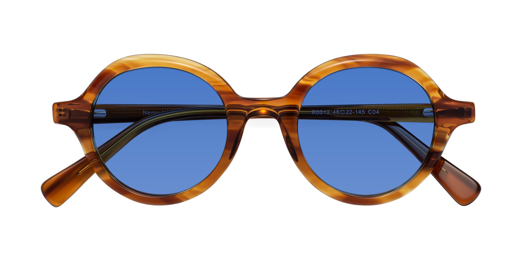 Folded Front of Nemo in Striped Amber with Blue Tinted Lenses