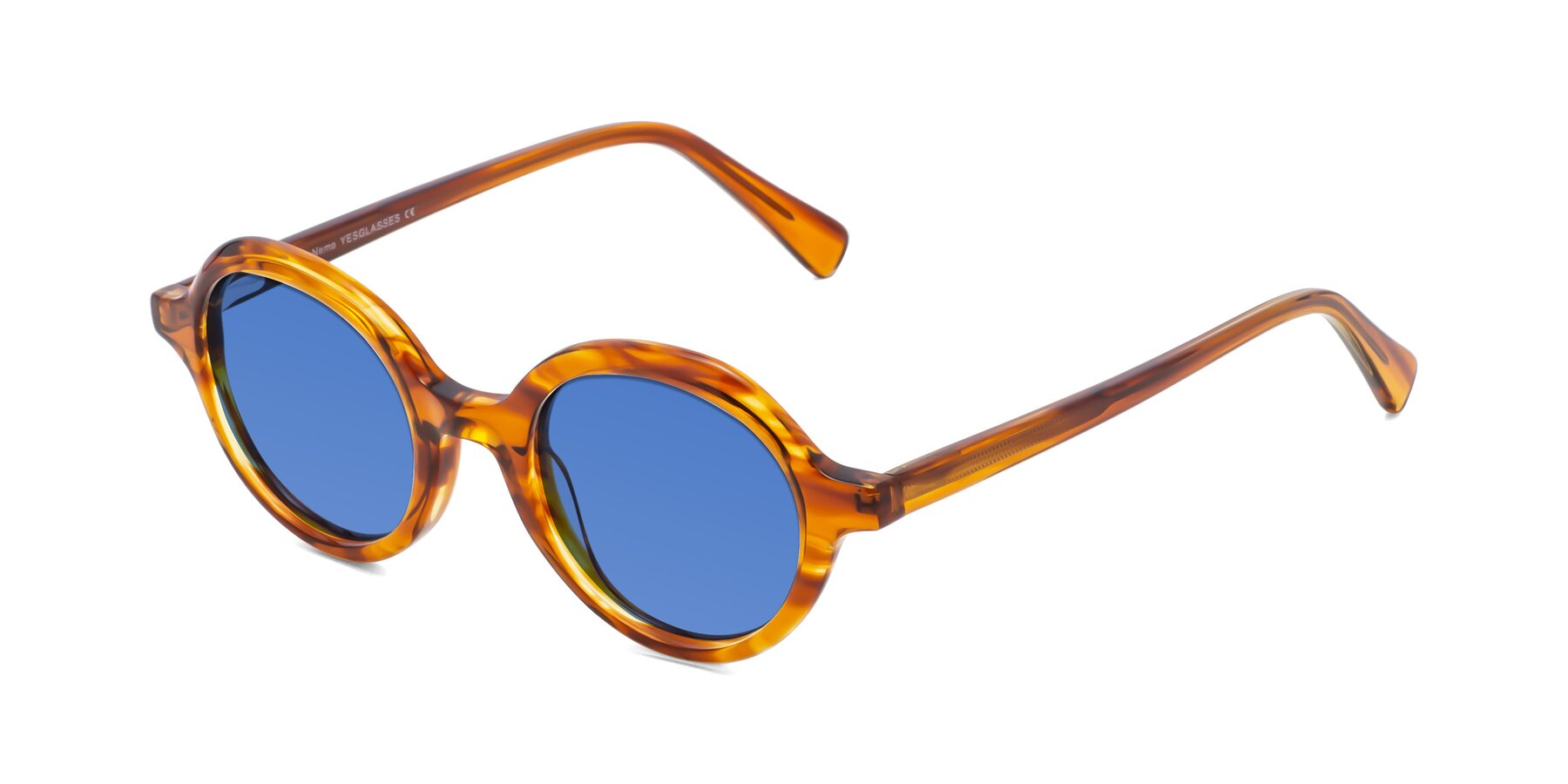 Angle of Nemo in Striped Amber with Blue Tinted Lenses