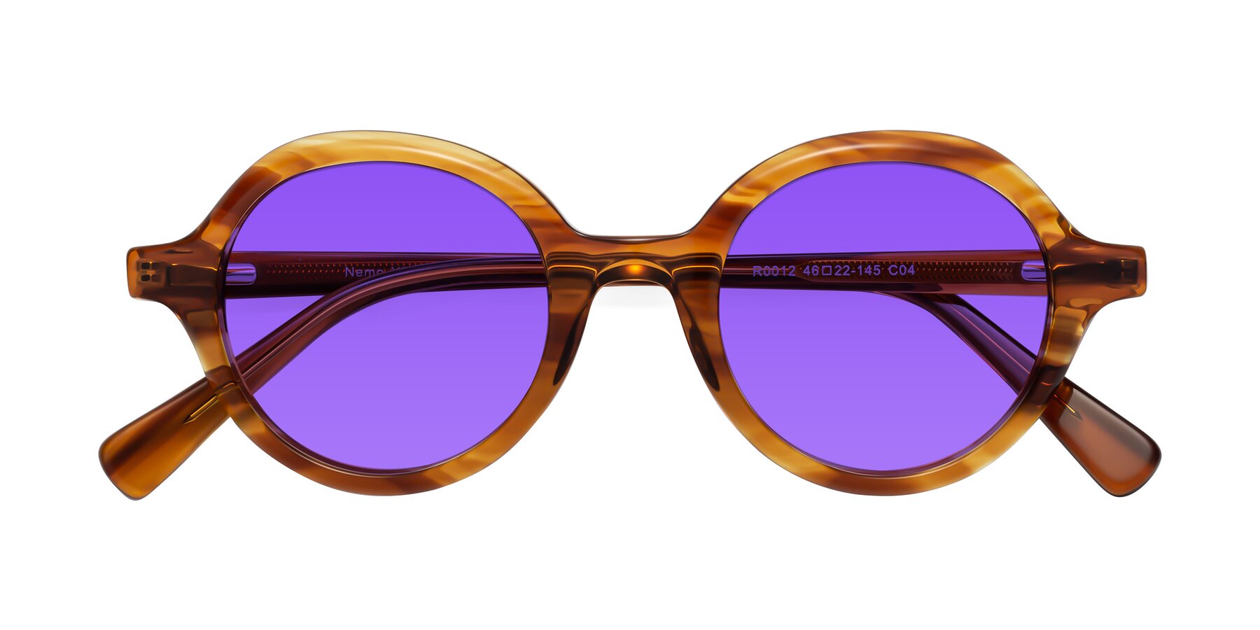 Folded Front of Nemo in Striped Amber with Purple Tinted Lenses