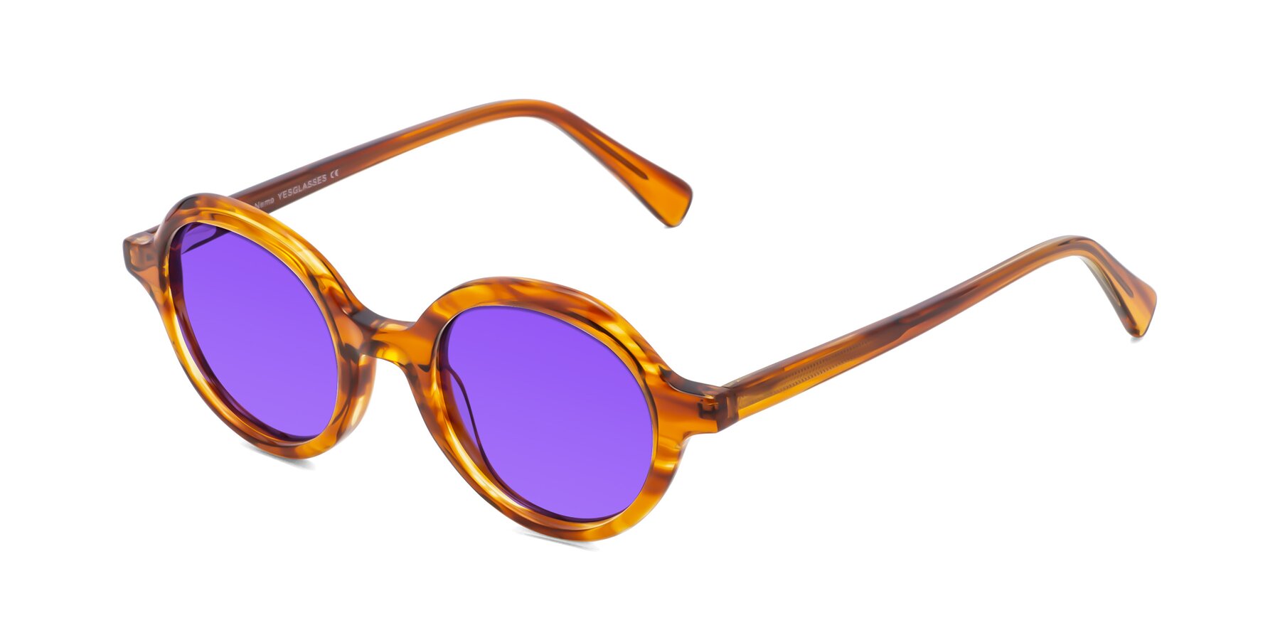 Angle of Nemo in Striped Amber with Purple Tinted Lenses