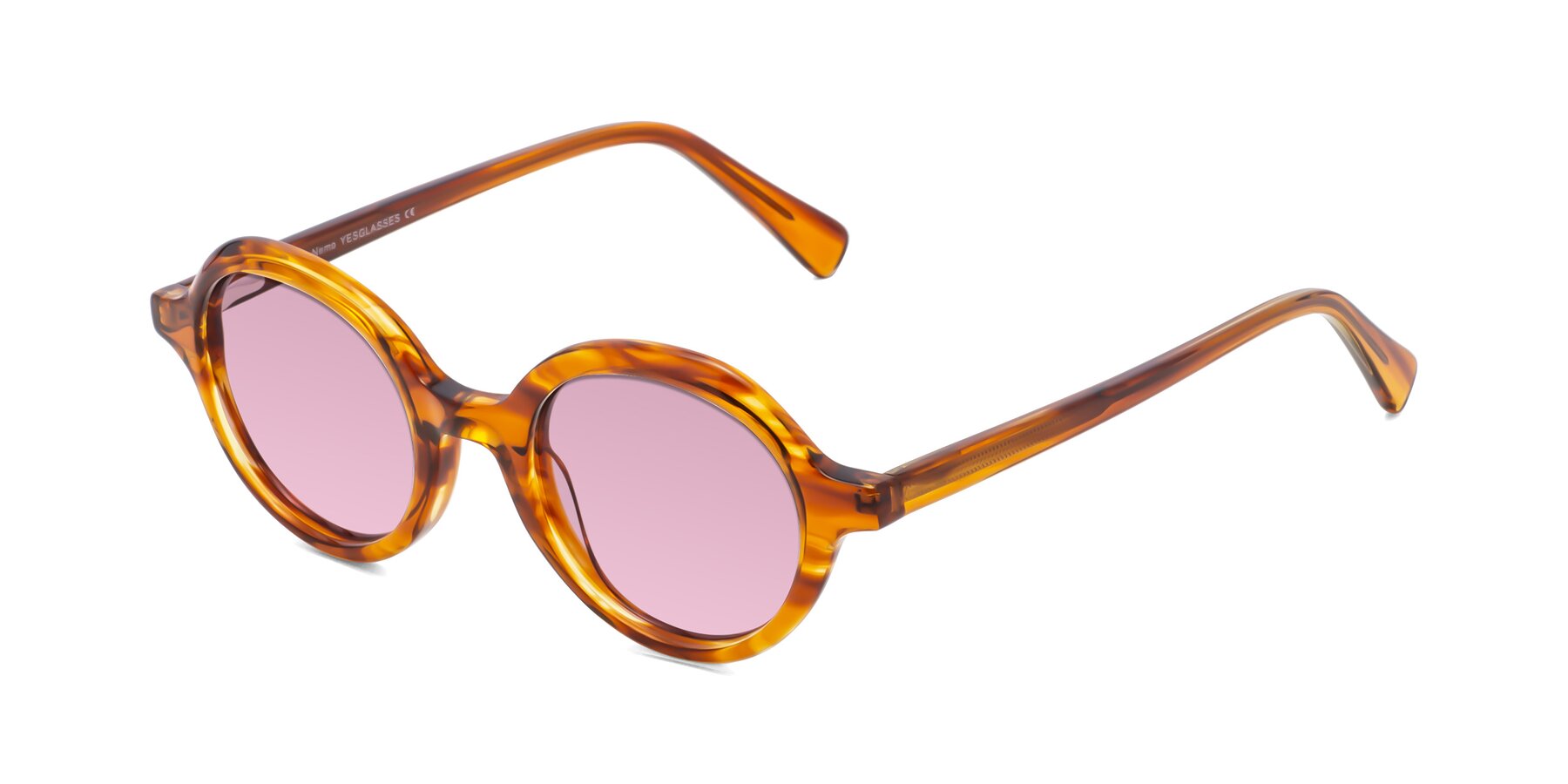 Angle of Nemo in Striped Amber with Light Wine Tinted Lenses