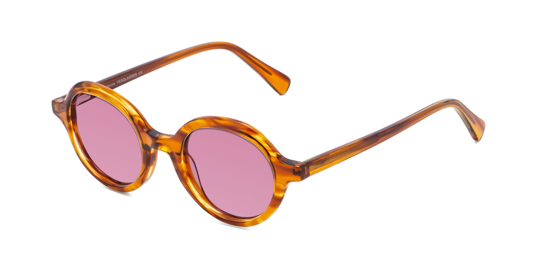 Angle of Nemo in Striped Amber with Medium Wine Tinted Lenses