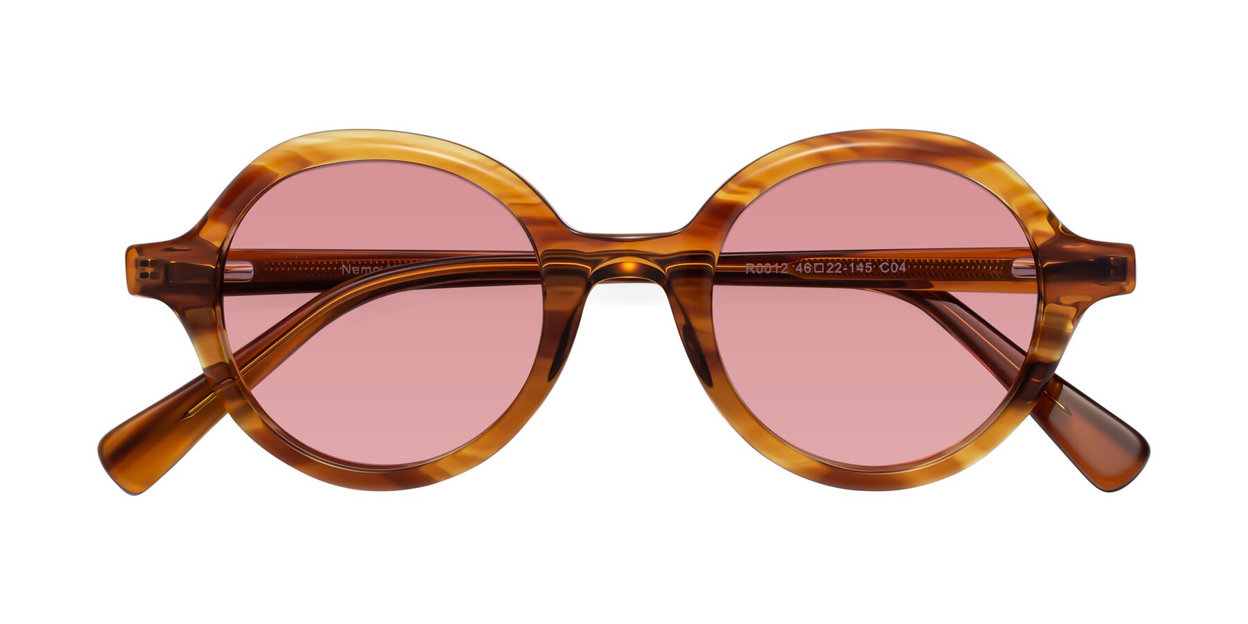 Folded Front of Nemo in Striped Amber with Medium Garnet Tinted Lenses