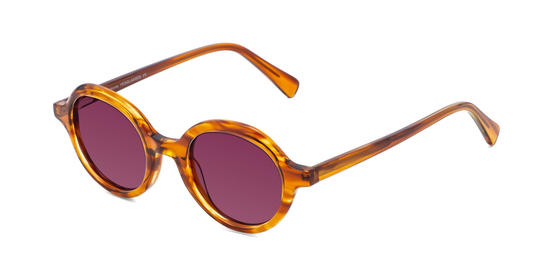 Angle of Nemo in Striped Amber with Wine Tinted Lenses