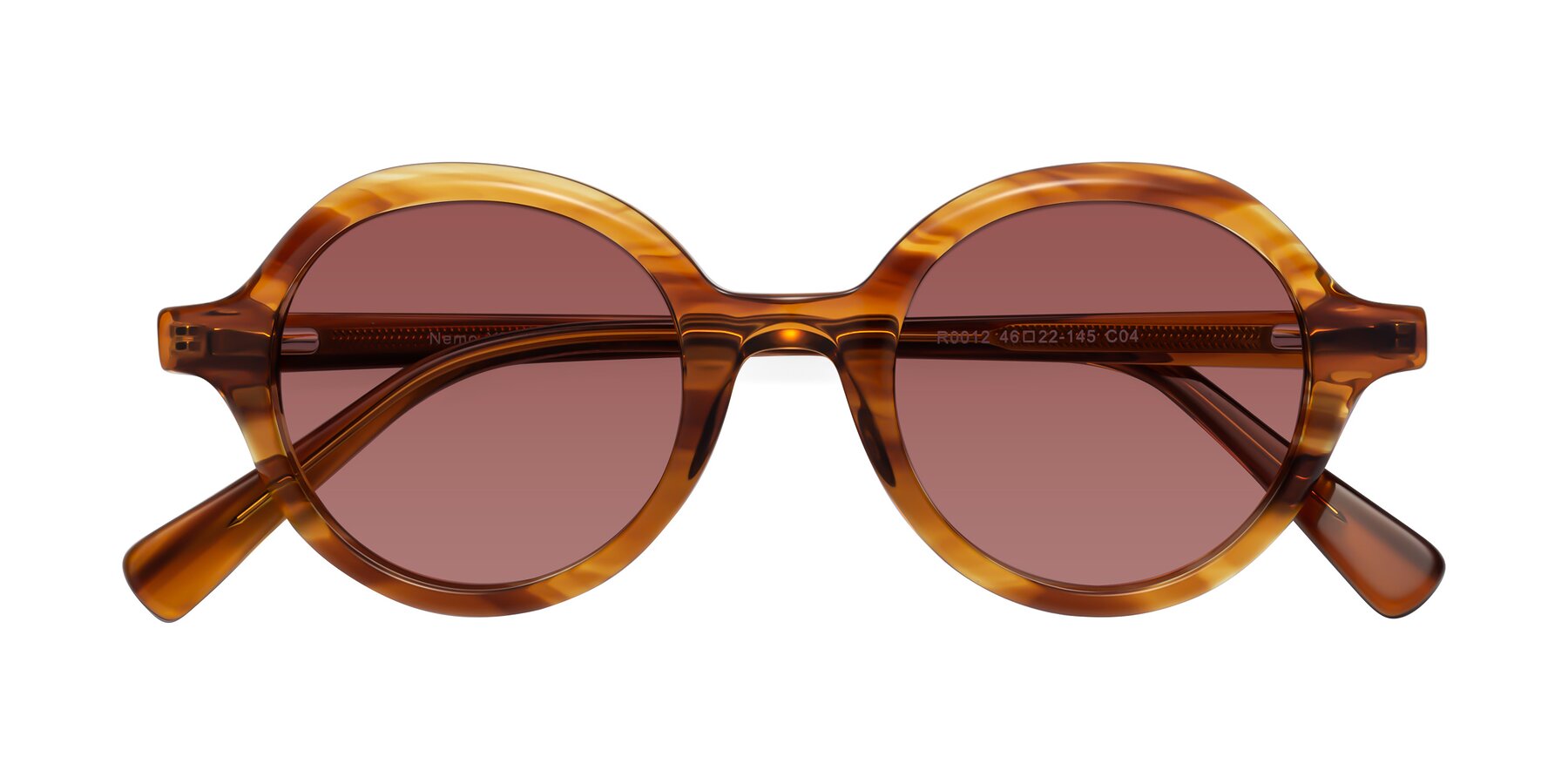 Folded Front of Nemo in Striped Amber with Garnet Tinted Lenses