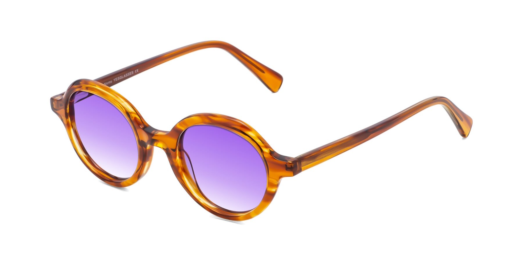 Angle of Nemo in Striped Amber with Purple Gradient Lenses
