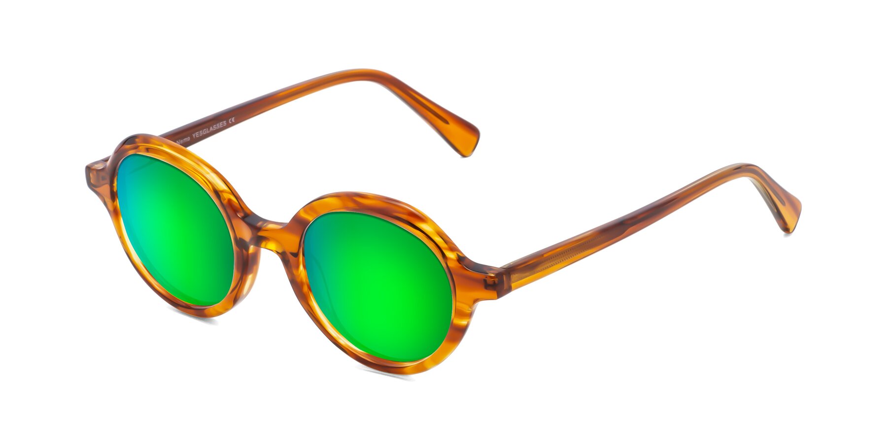 Angle of Nemo in Striped Amber with Green Mirrored Lenses