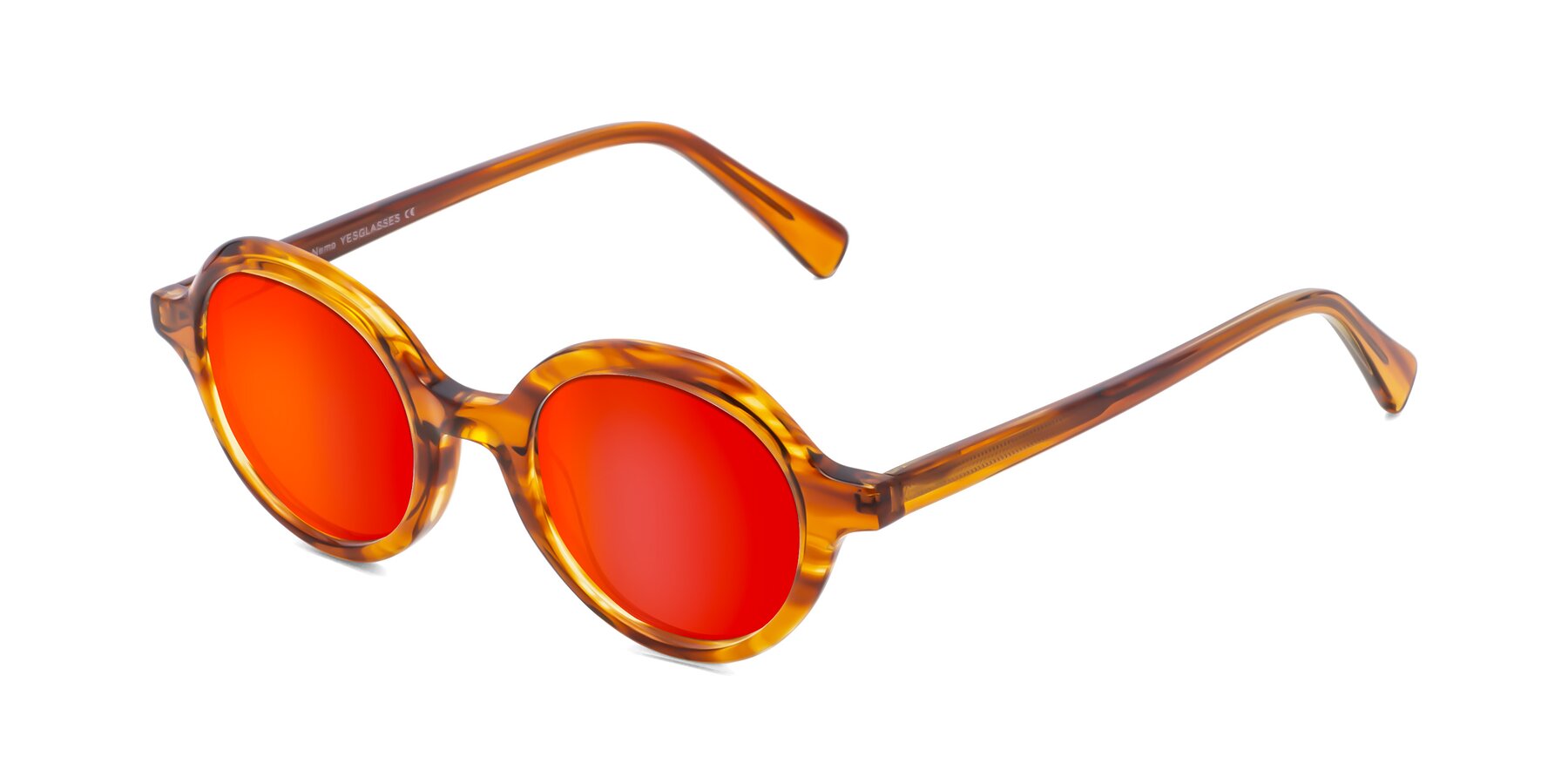 Angle of Nemo in Striped Amber with Red Gold Mirrored Lenses
