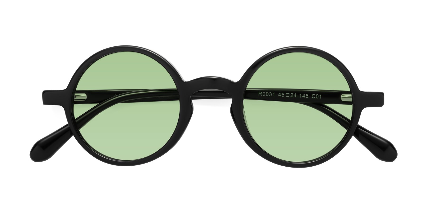 Folded Front of Juno in Black with Medium Green Tinted Lenses
