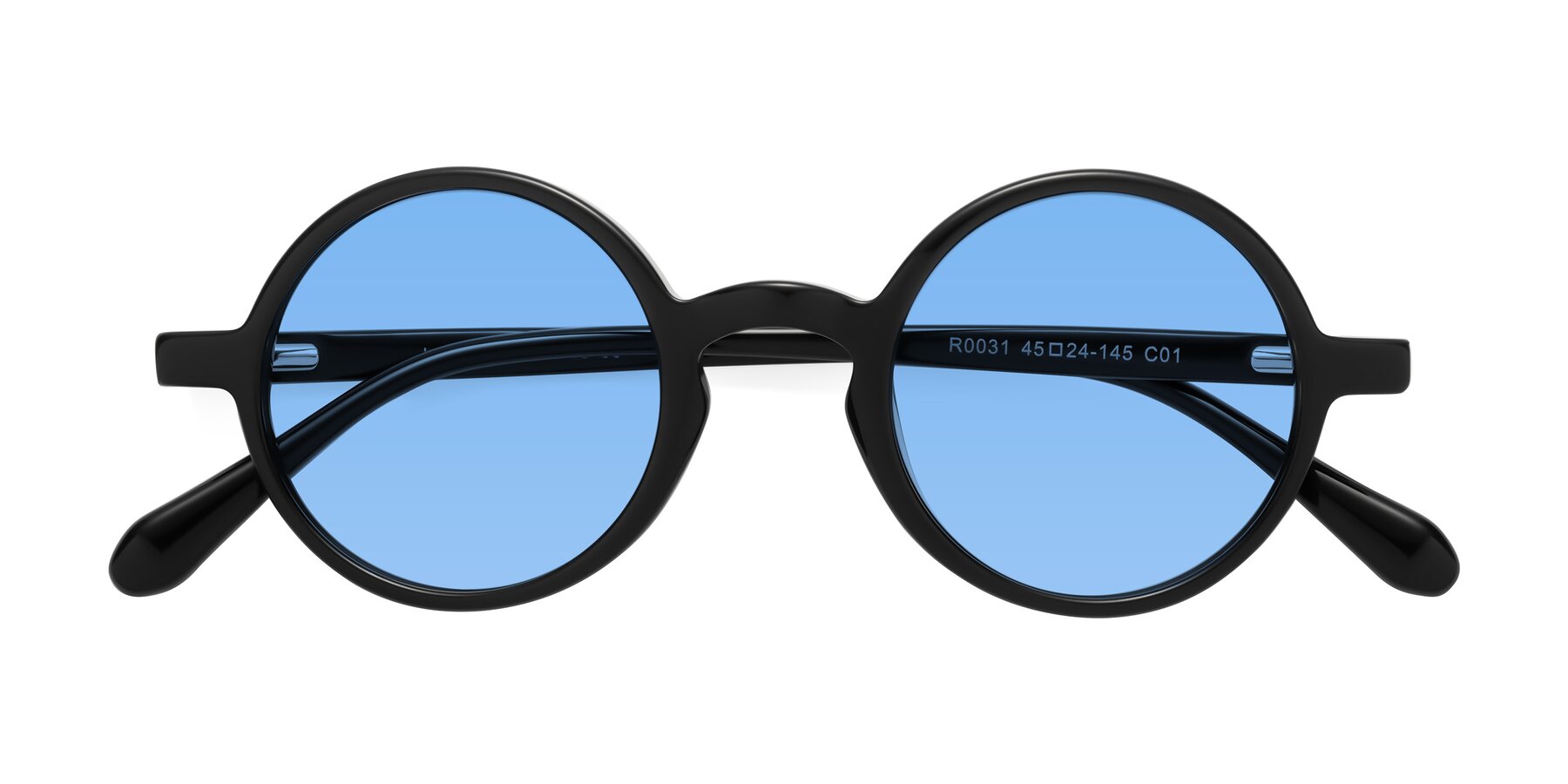 Folded Front of Juno in Black with Medium Blue Tinted Lenses