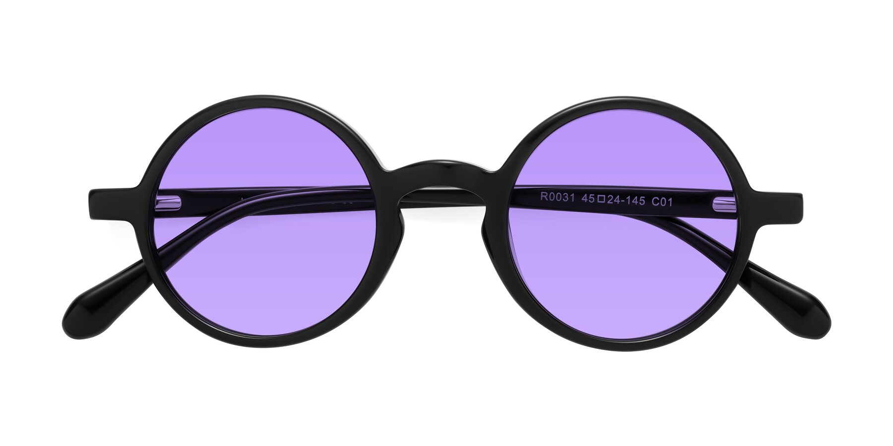 Folded Front of Juno in Black with Medium Purple Tinted Lenses