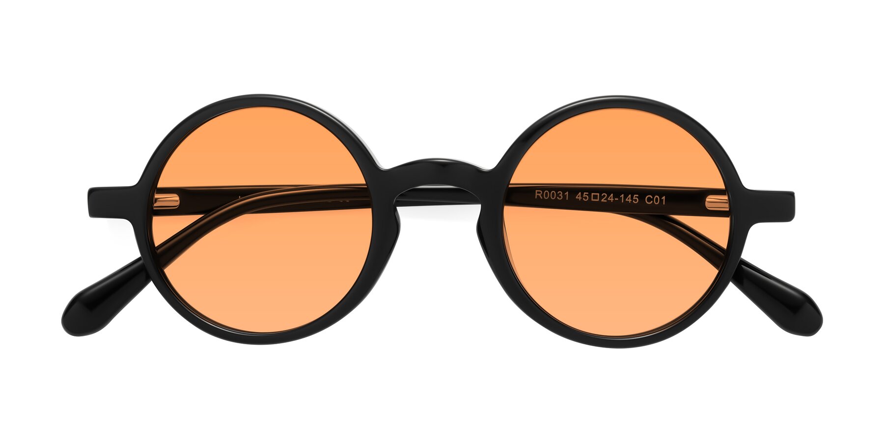 Folded Front of Juno in Black with Medium Orange Tinted Lenses