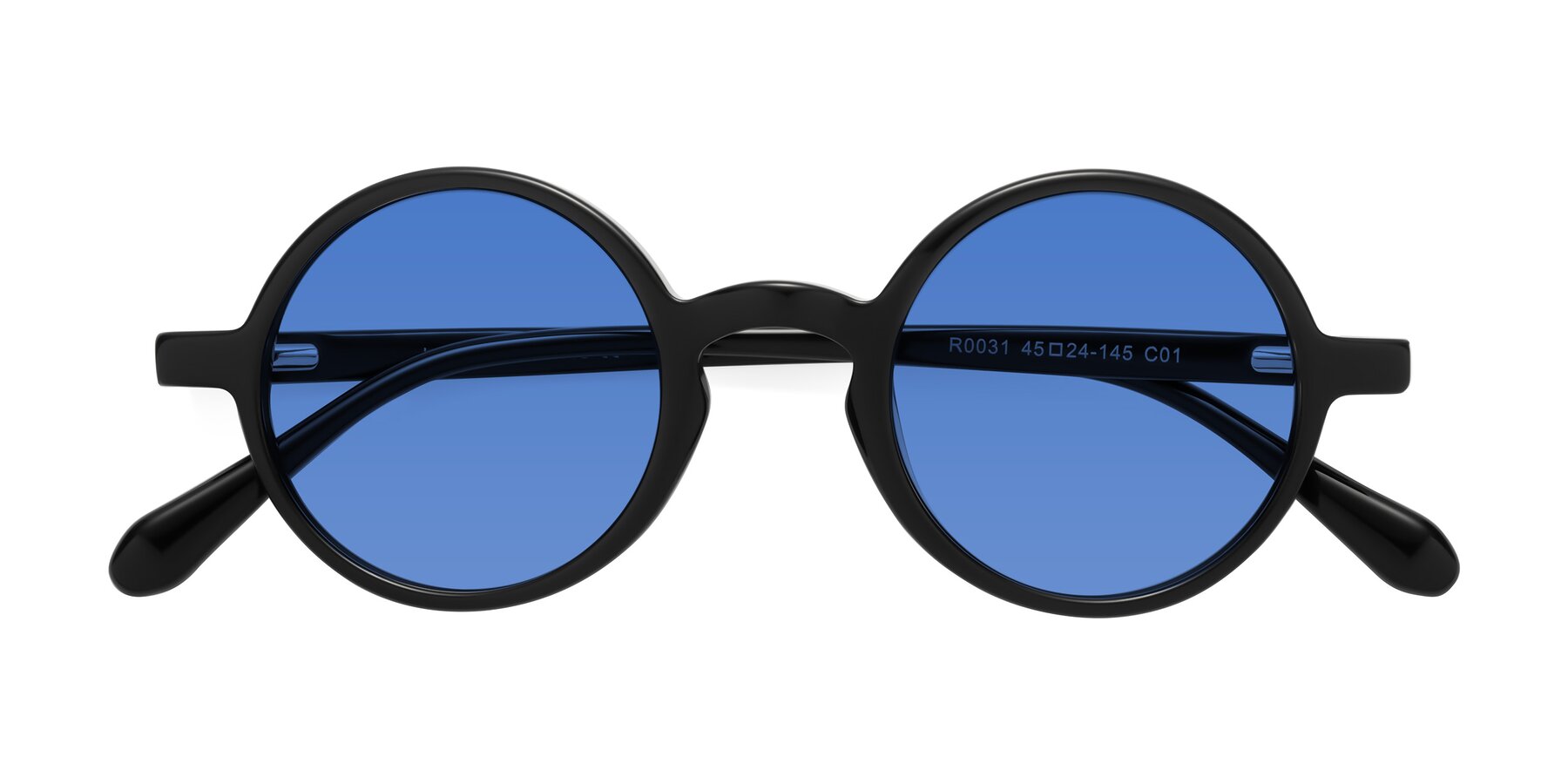 Folded Front of Juno in Black with Blue Tinted Lenses