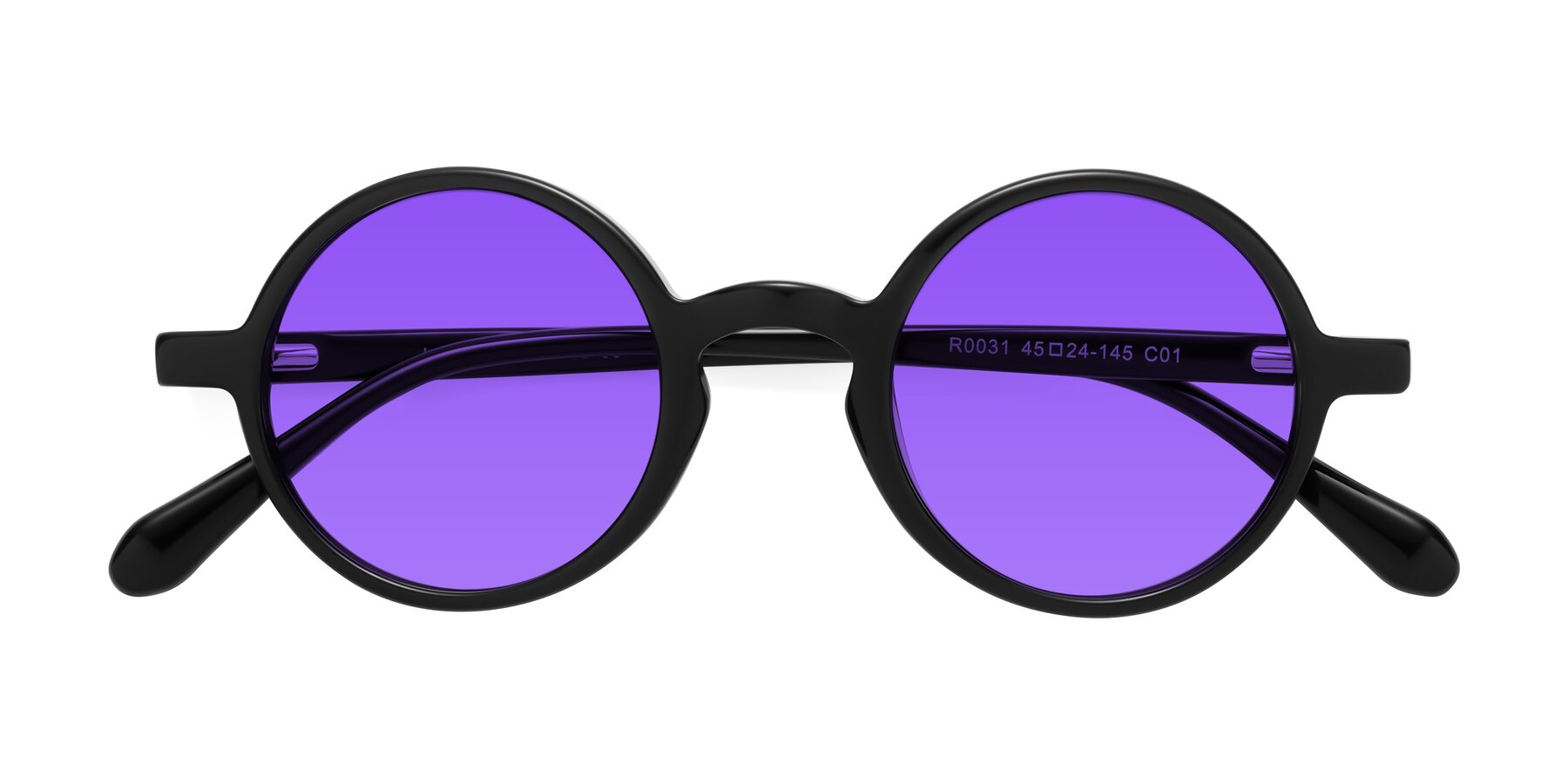 Folded Front of Juno in Black with Purple Tinted Lenses
