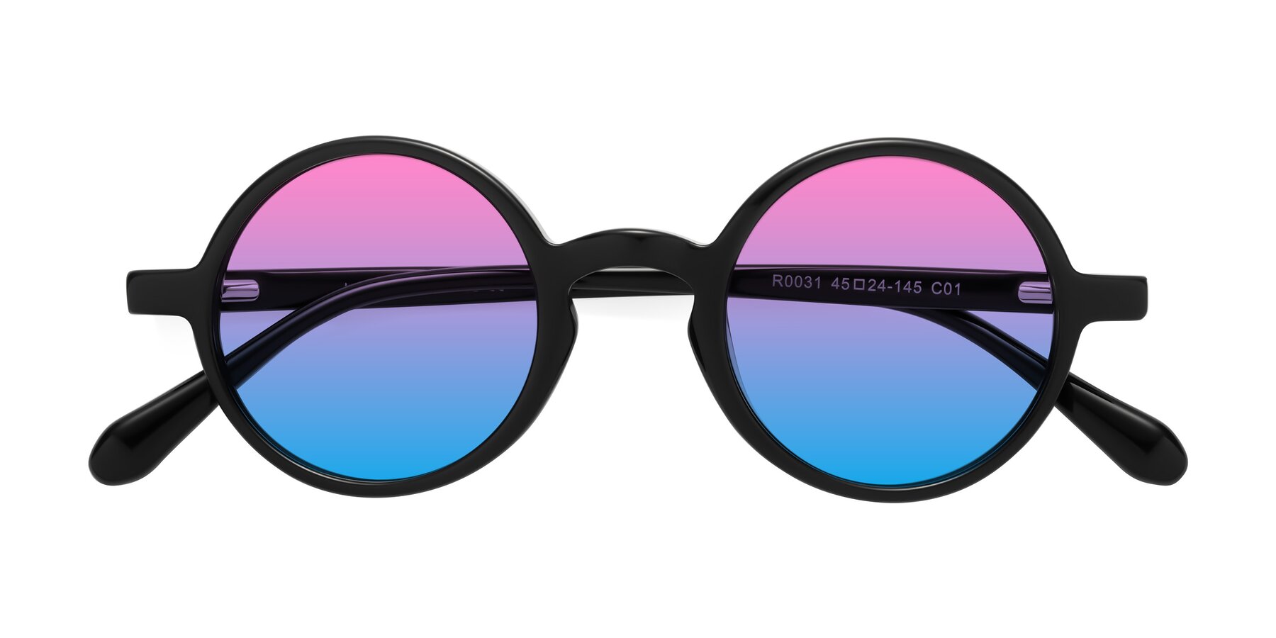 Folded Front of Juno in Black with Pink / Blue Gradient Lenses