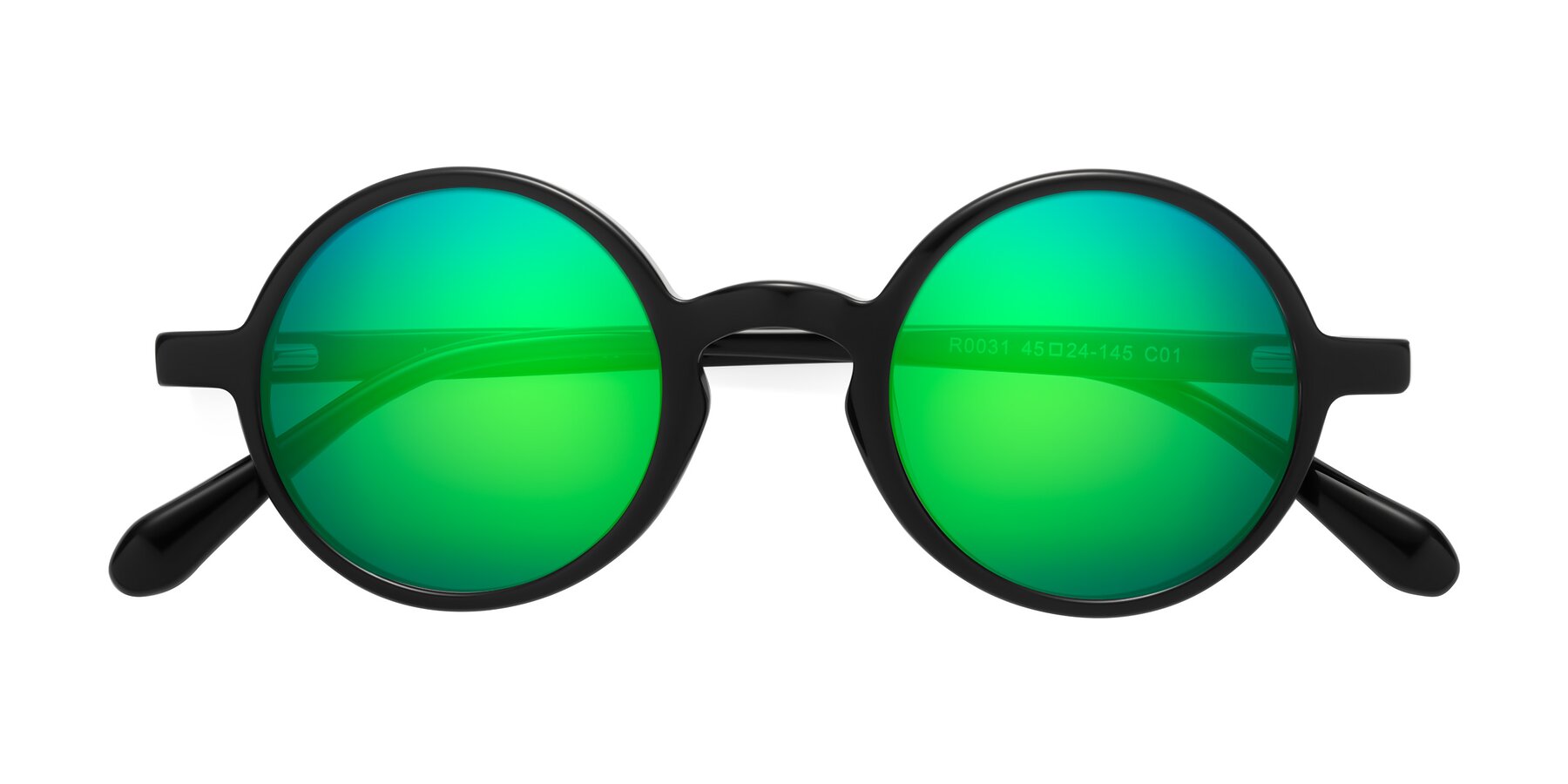 Folded Front of Juno in Black with Green Mirrored Lenses