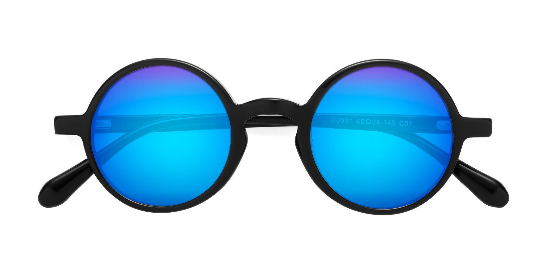 Folded Front of Juno in Black with Blue Mirrored Lenses