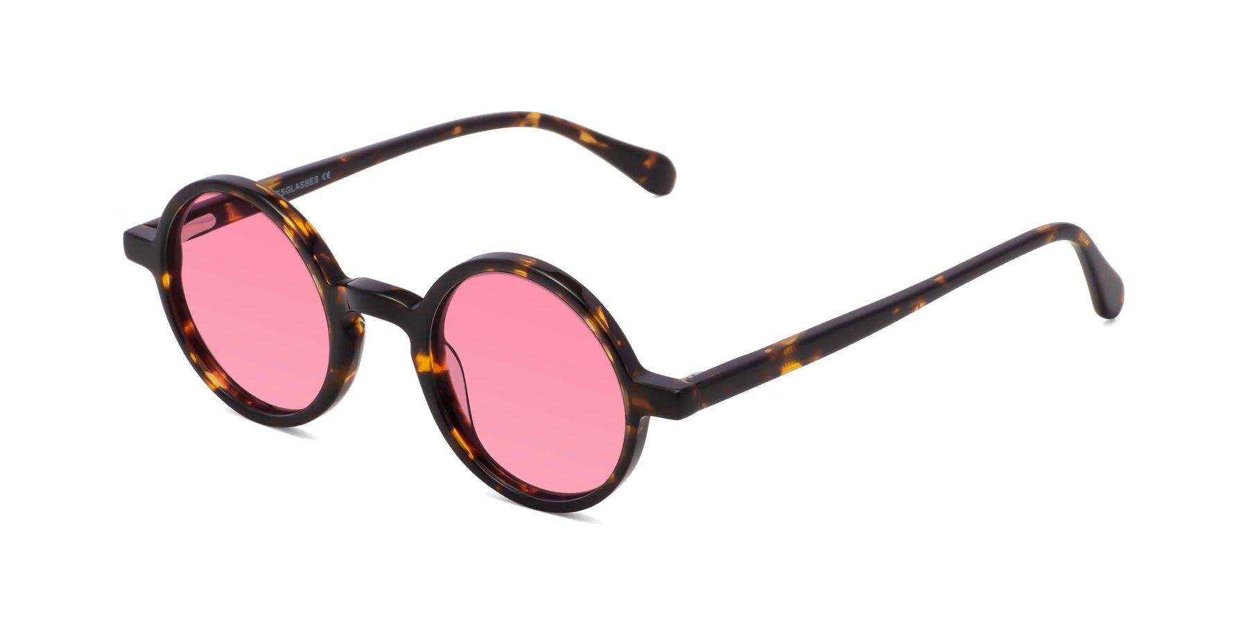 Angle of Juno in Tortoise with Pink Tinted Lenses