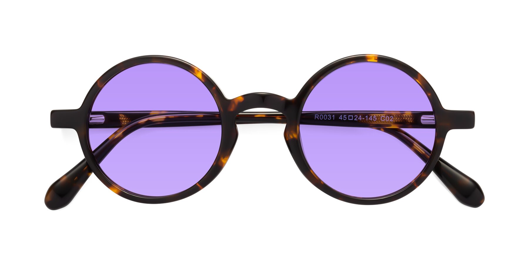 Folded Front of Juno in Tortoise with Medium Purple Tinted Lenses