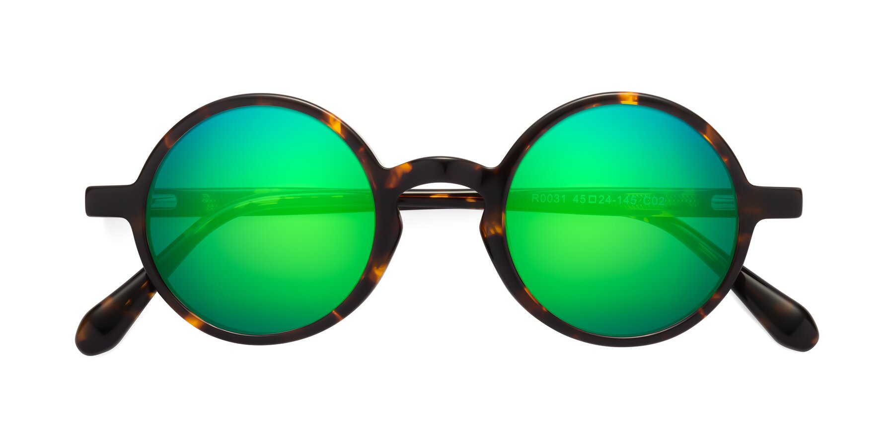Folded Front of Juno in Tortoise with Green Mirrored Lenses