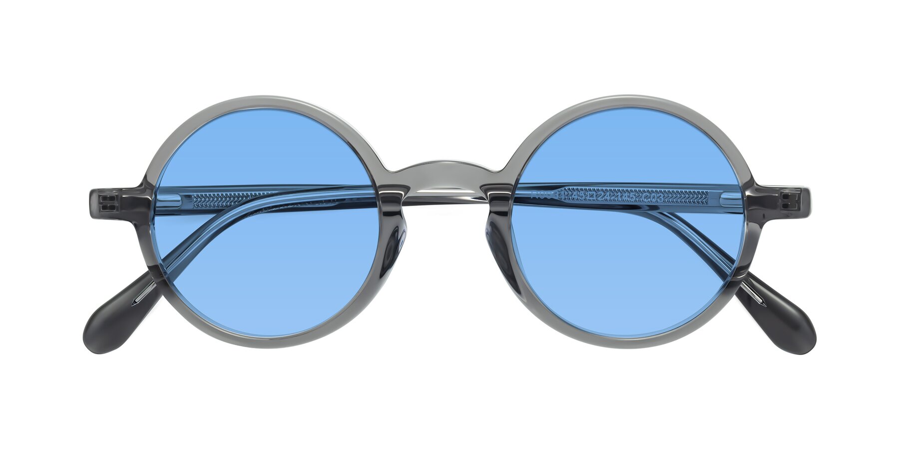 Folded Front of Juno in Transparent Gray with Medium Blue Tinted Lenses