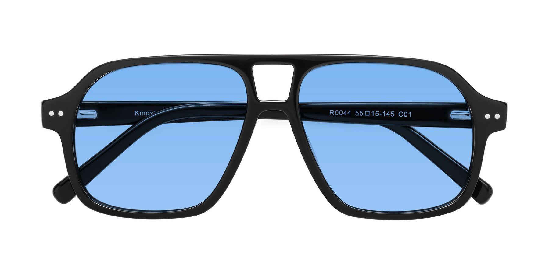 Folded Front of Kingston in Black with Medium Blue Tinted Lenses