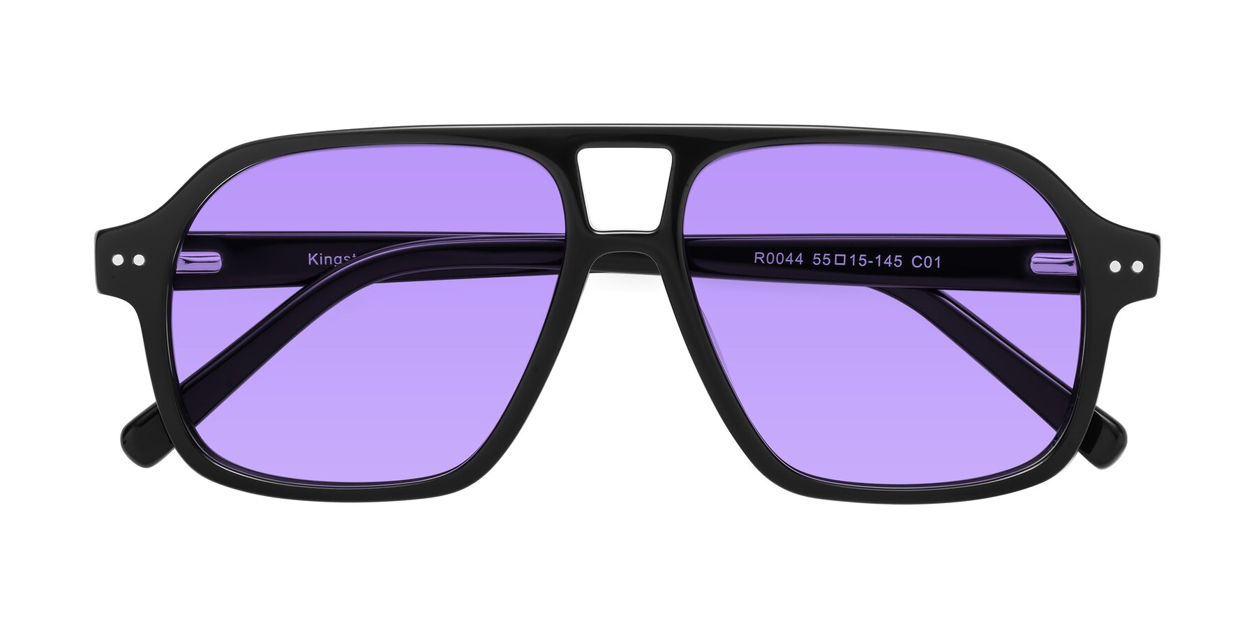 Folded Front of Kingston in Black with Medium Purple Tinted Lenses