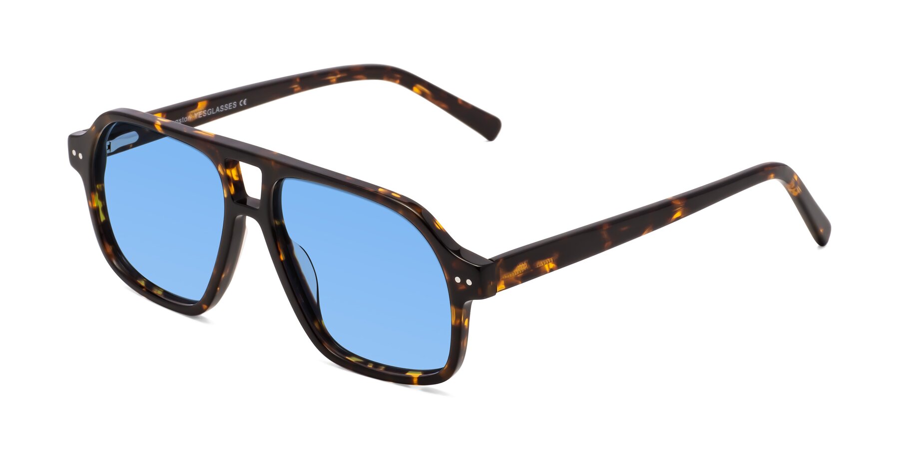 Angle of Kingston in Tortoise with Medium Blue Tinted Lenses