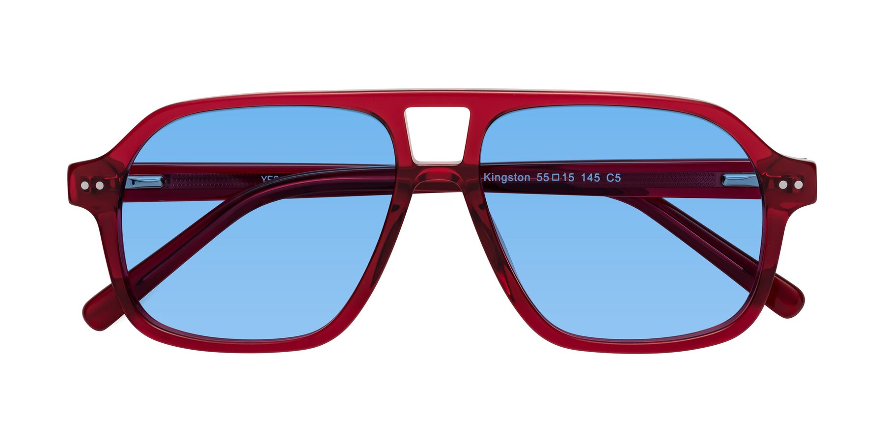 Folded Front of Kingston in Wine with Medium Blue Tinted Lenses