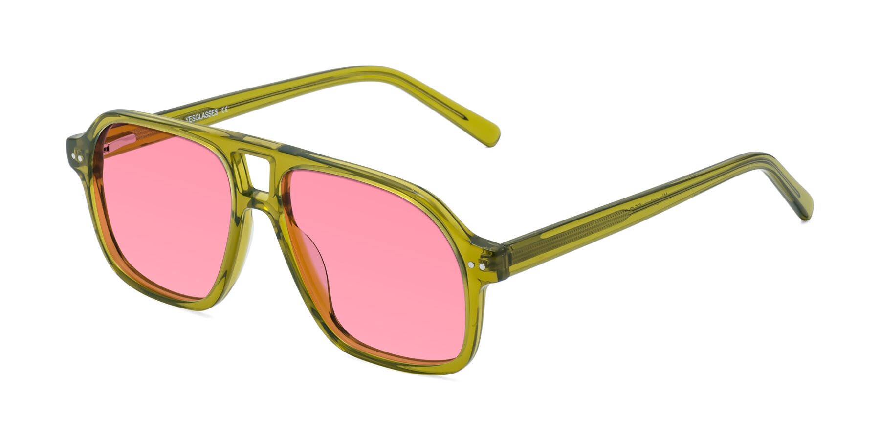 Angle of Kingston in Olive Green with Pink Tinted Lenses