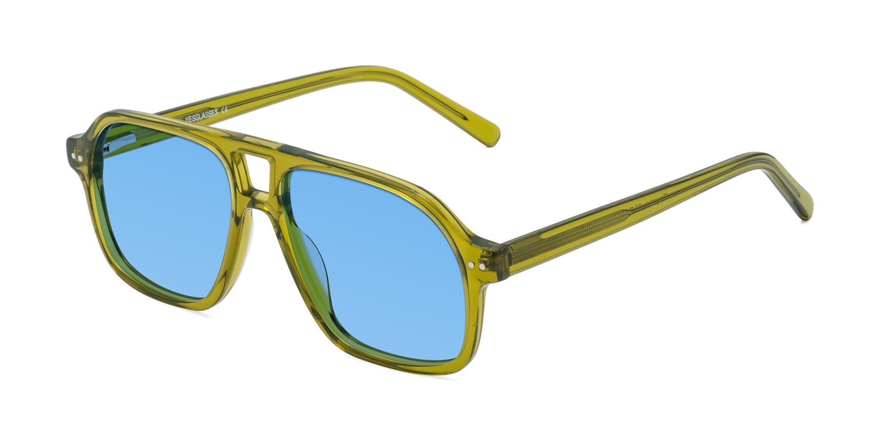 Angle of Kingston in Olive Green with Medium Blue Tinted Lenses