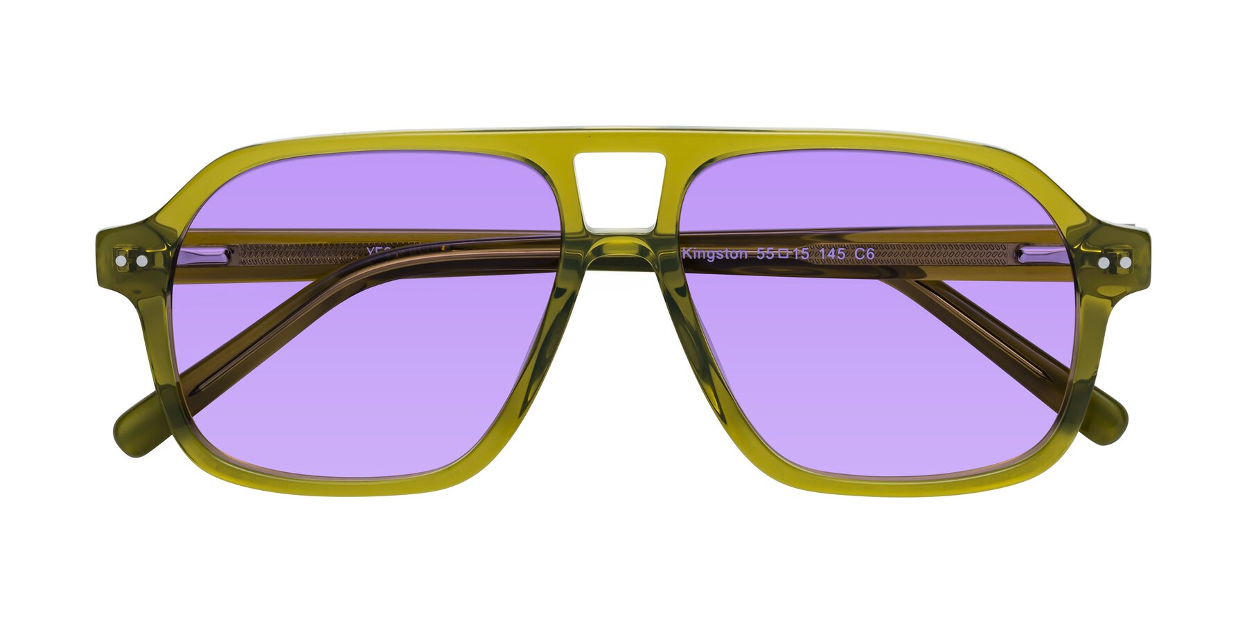 Folded Front of Kingston in Olive Green with Medium Purple Tinted Lenses