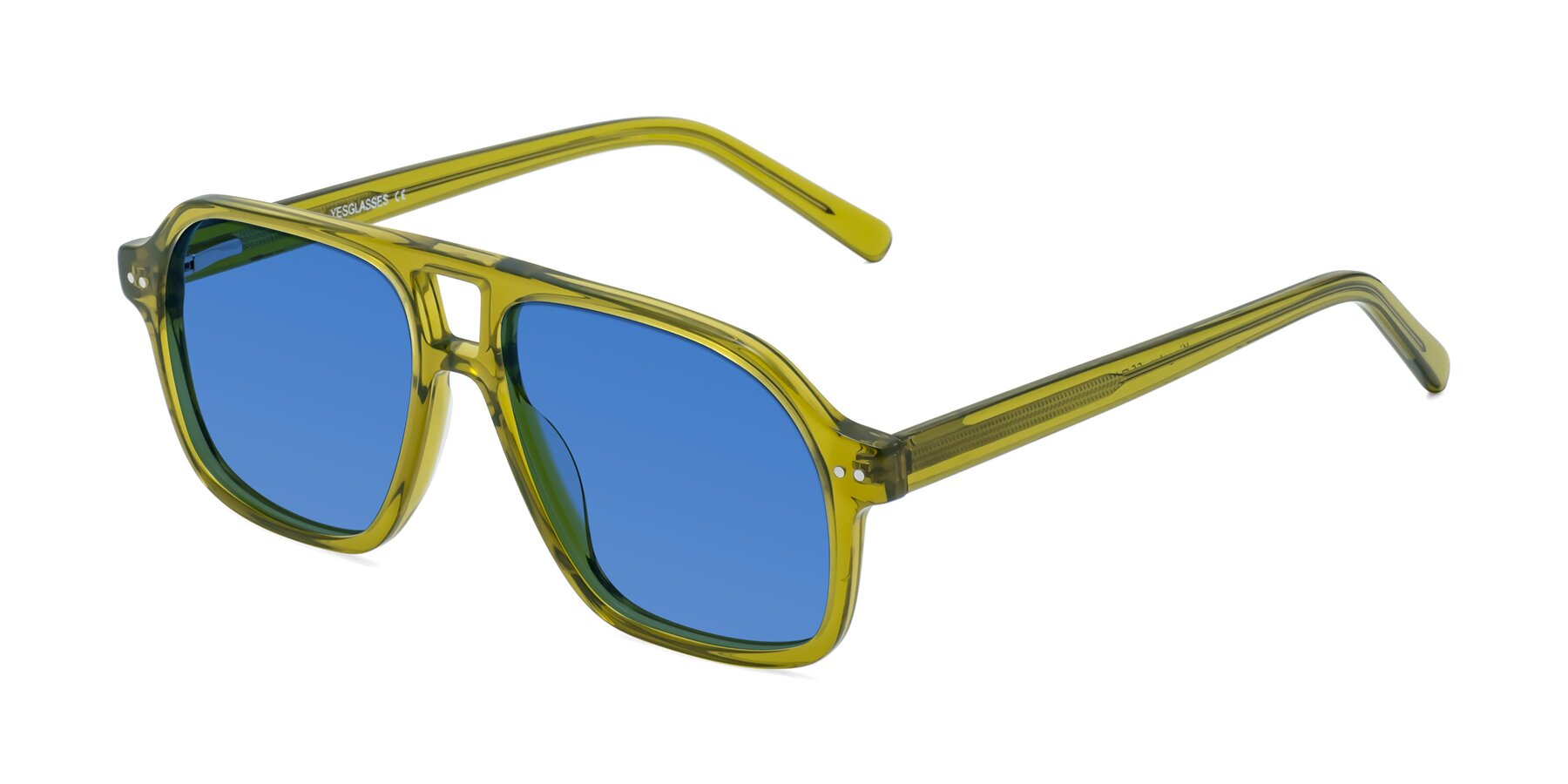 Angle of Kingston in Olive Green with Blue Tinted Lenses